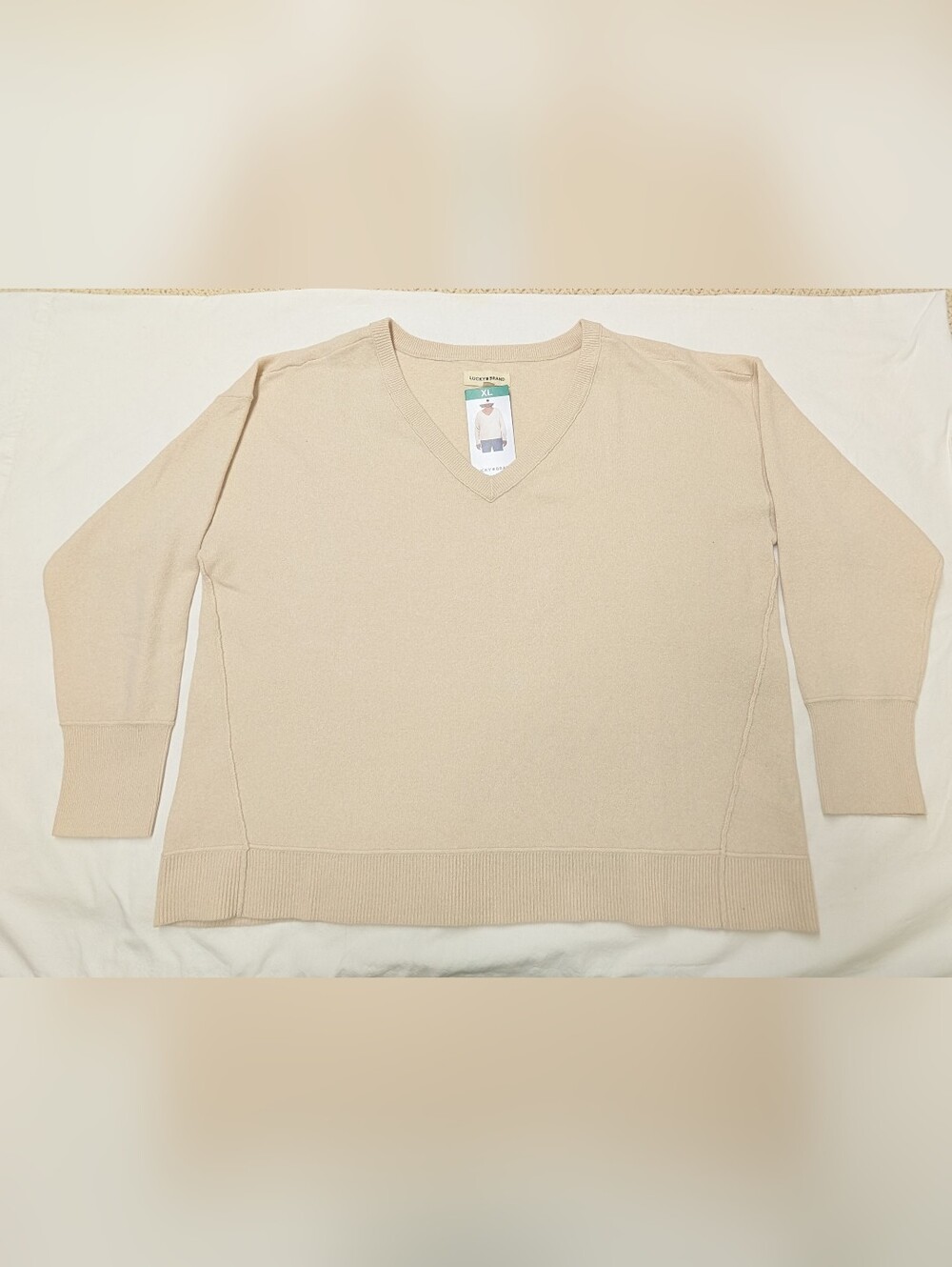 Lucky Brand Cream Multi Crewneck Long Sleeve V Neck Sweater Women's XL NEW W/ TA
